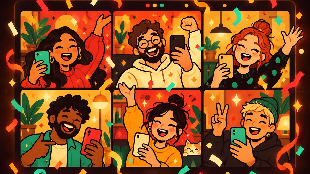 Videocall mit sechs fröhlichen Gesichtern, alle mit Smartphone, dazu Konfetti