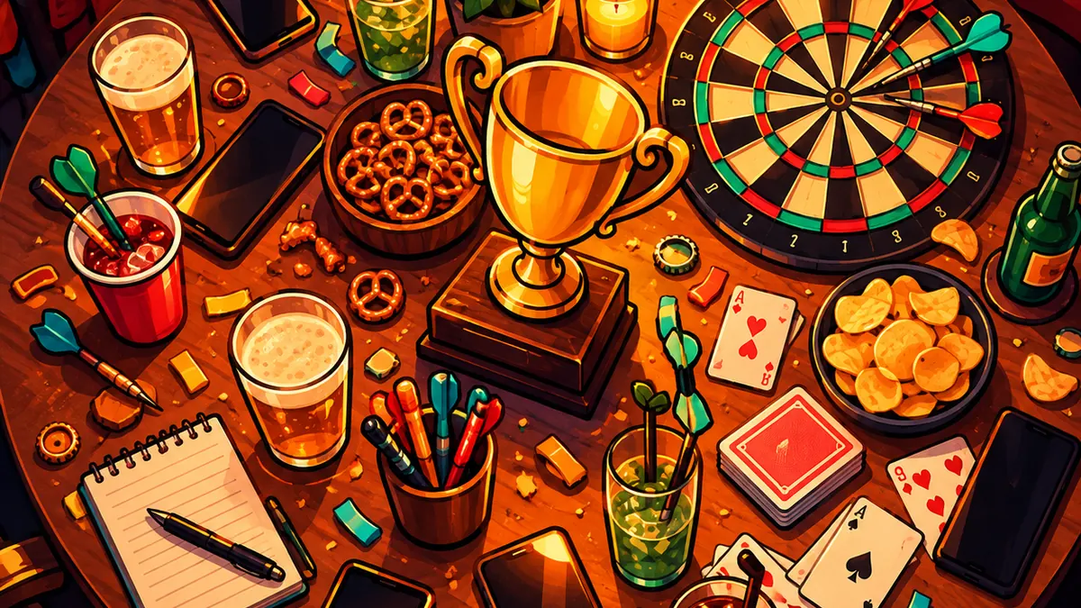 Spieltisch von oben mit Smartphones, Pokal, Karten und Dartscheibe