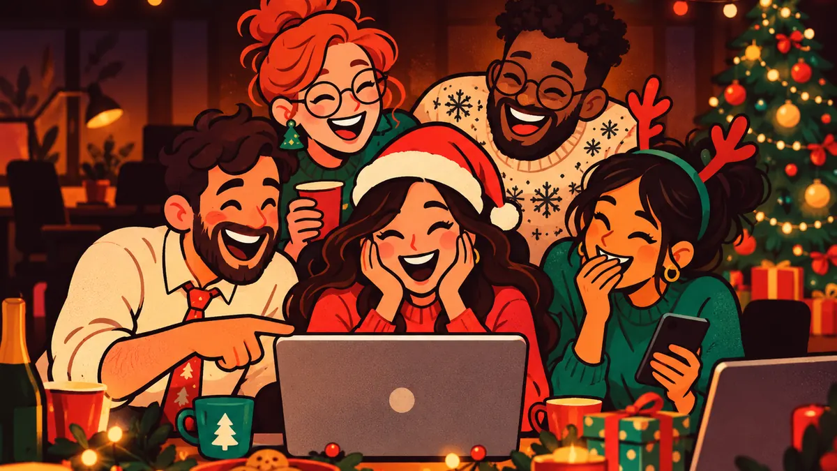 Kolleg*innen lachen auf der Weihnachtsfeier gemeinsam vor einem Laptop