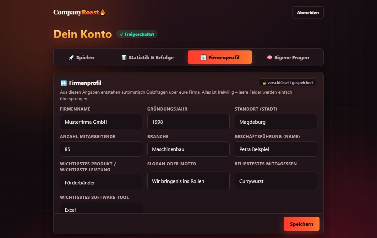 Firmenprofil im Konto mit Firmenname, Gründungsjahr, Standort und weiteren Feldern