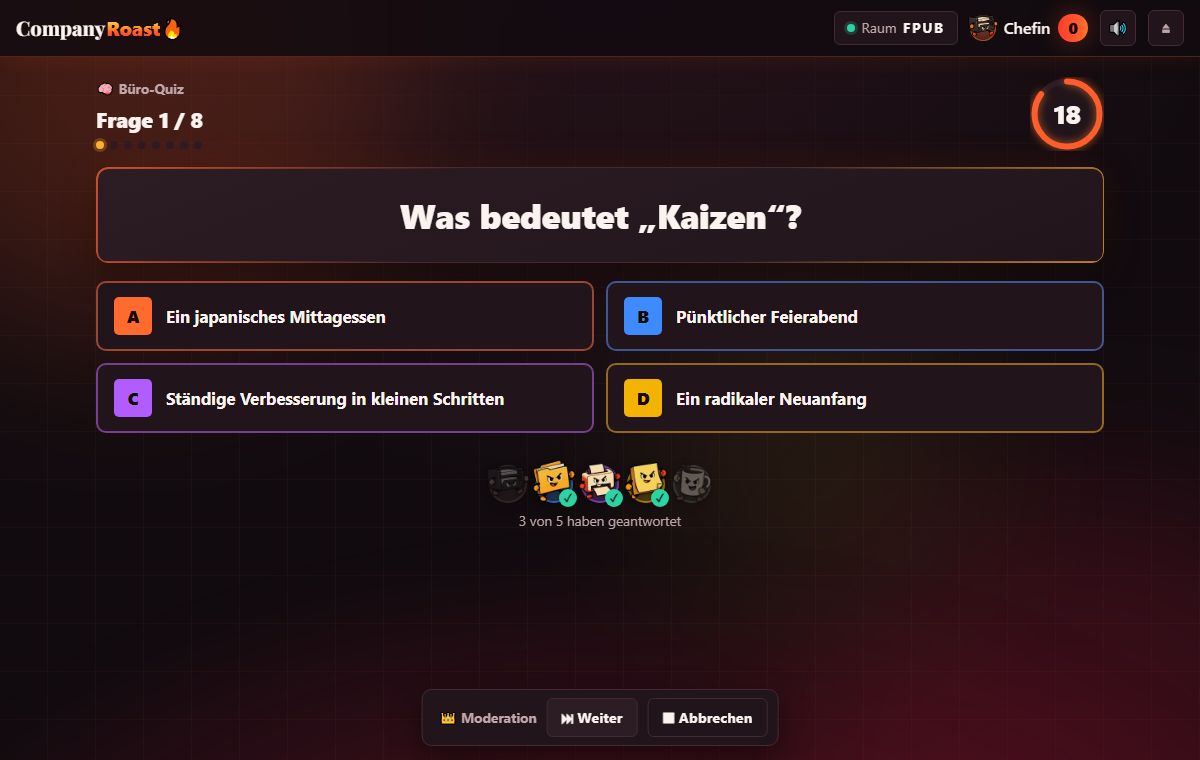 Büro-Quiz: Frage mit vier Antworten und Countdown