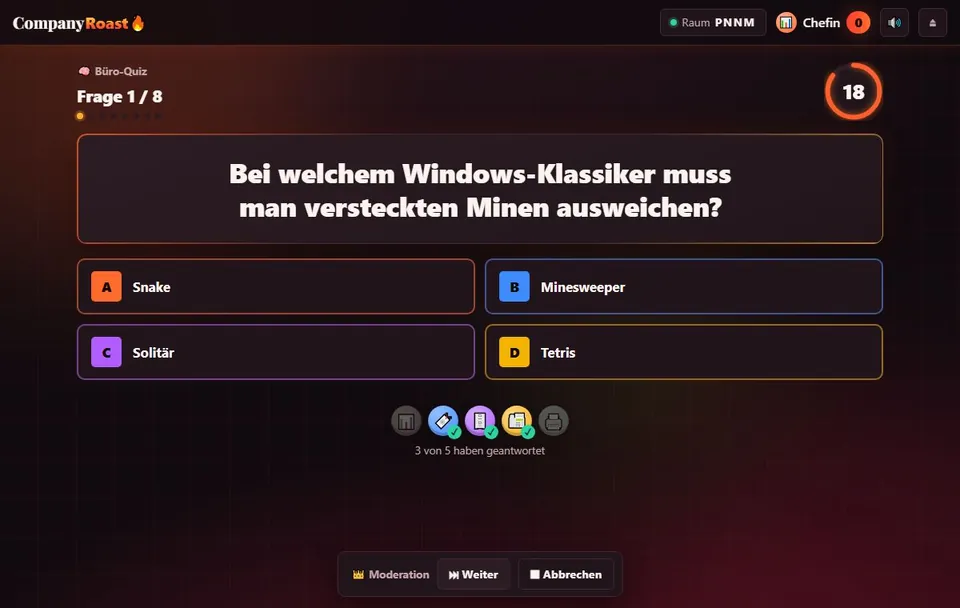 Eine Quizfrage mit vier Antworten und Countdown