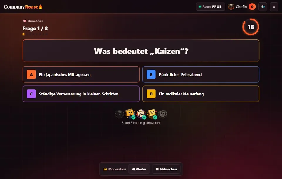 Eine Quizfrage mit vier Antworten und Countdown